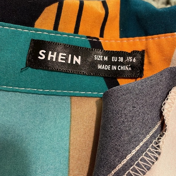 SHIEIN Shirt Dress Women Size M Button Front Multicolor Geo Print Short Sleeves - Picture 5 of 14